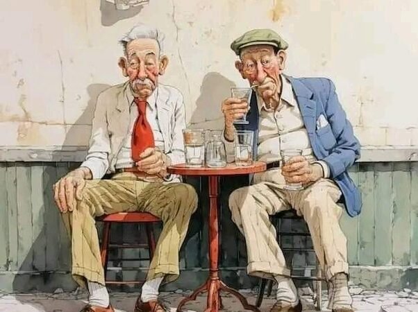 Two old men are sitting in a bar